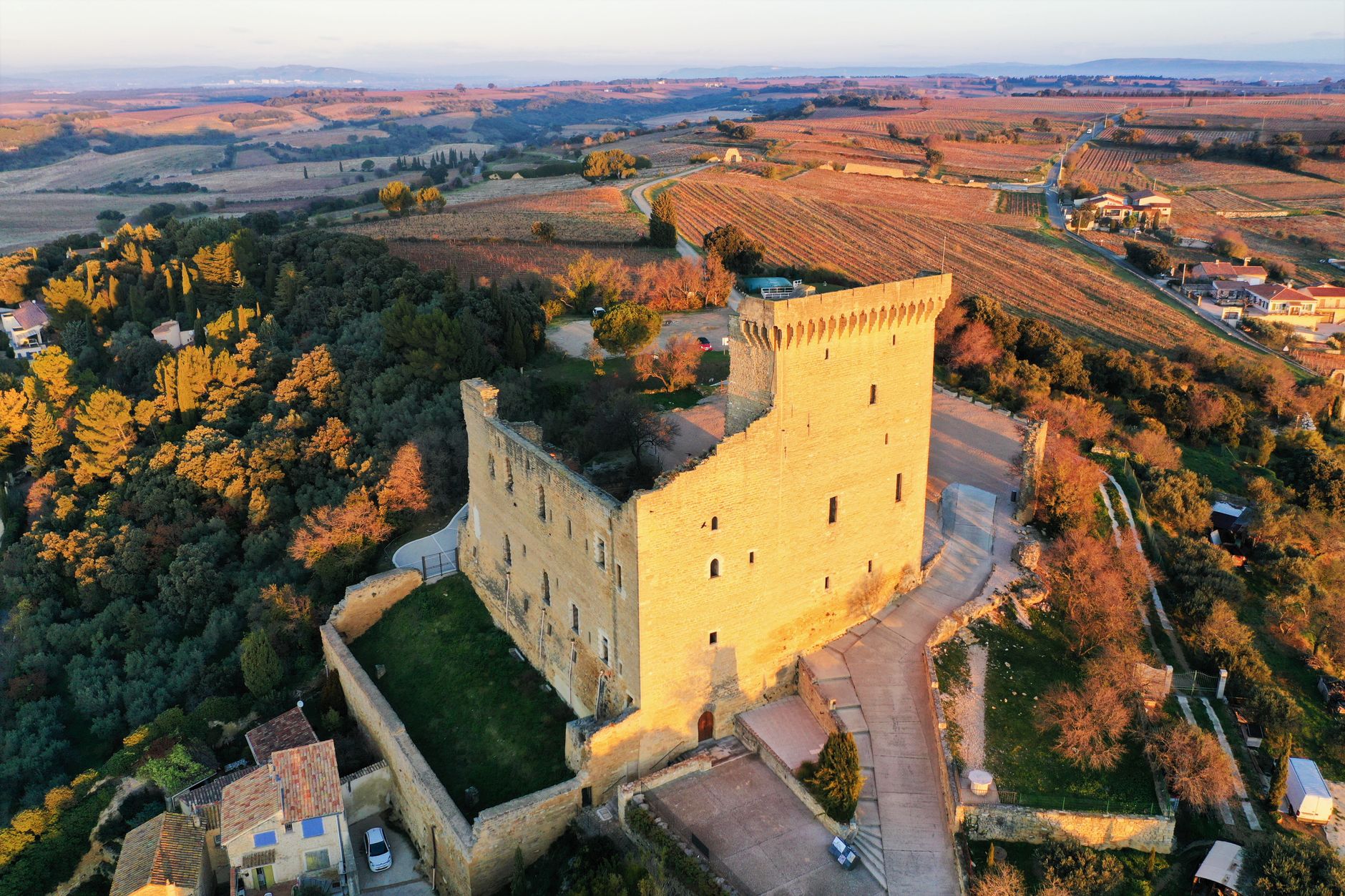 Château français et vignobles en Provence au coucher du soleil